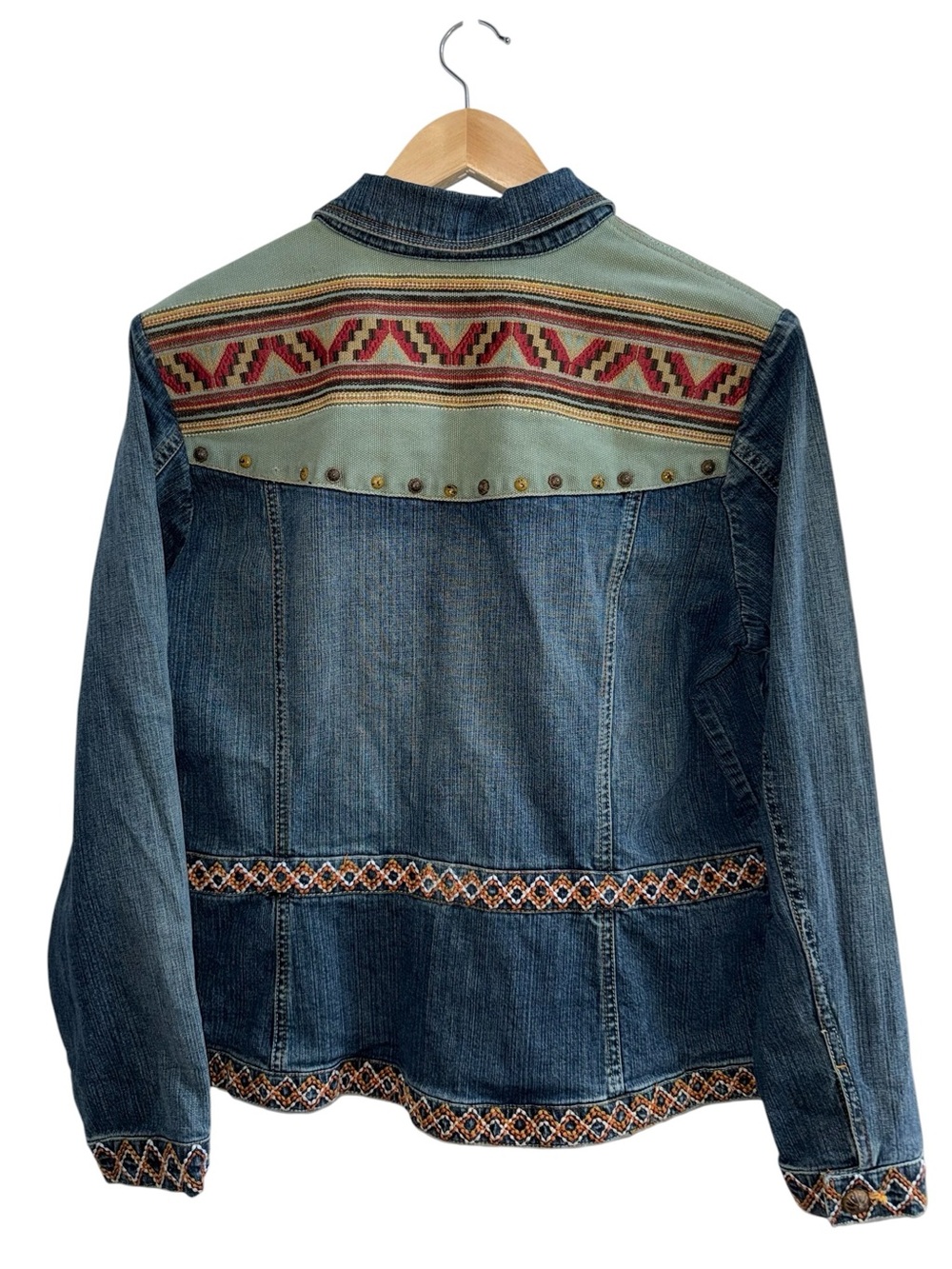 Coldwater Creek Embroidered Denim Jacket L Boho Western Aztec Studded Jean Coat - Picture 3 of 12